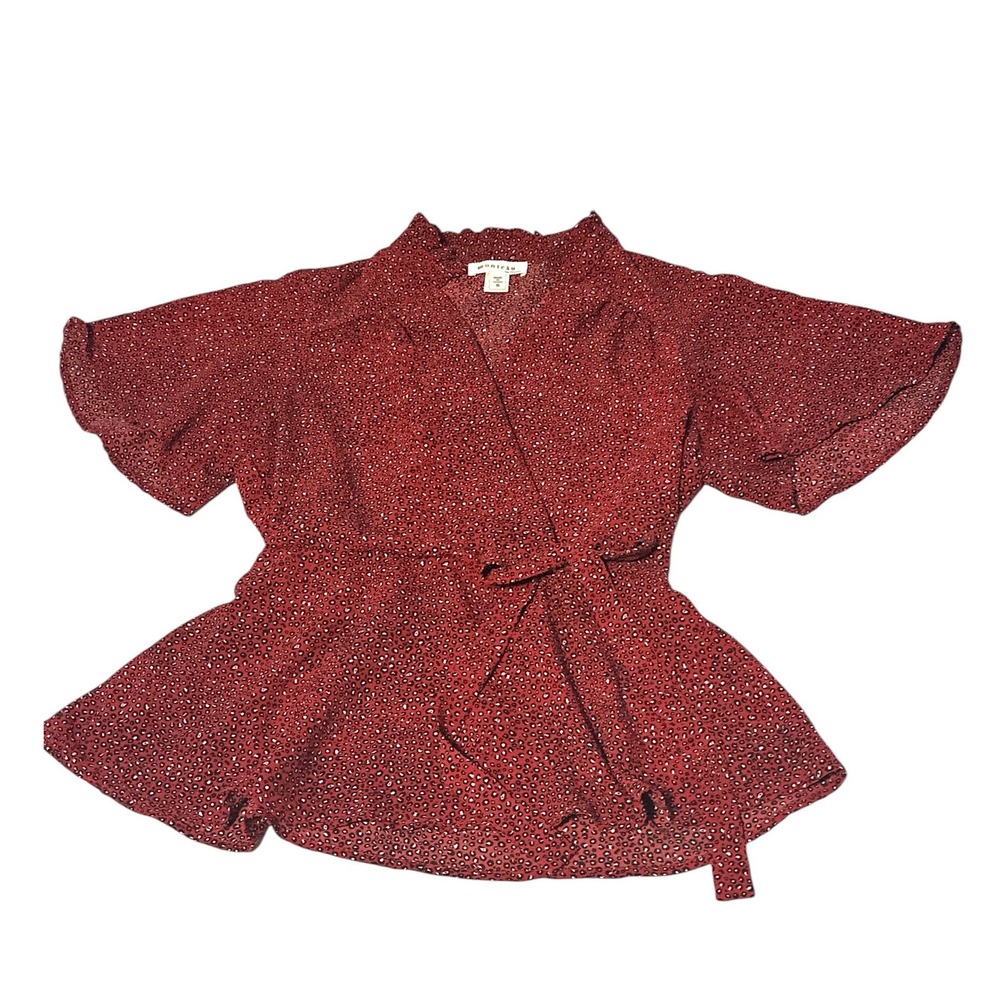 Monteau Los Angeles Red Leopard Print Wrap Blouse Flutter Sleeve Peplum Top S